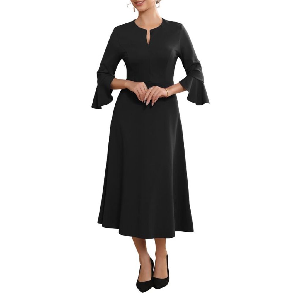 Women's Formal Dress Zipper Front Office Midi A-Line Dress Black
